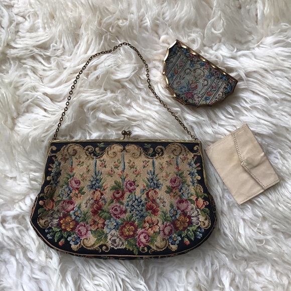 Petitpoint Handbags - Vintage Petitpoint Tapestry Bag & Compact